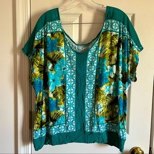 Lane Bryant Teal Hibiscus Cap Sleeve Shirt